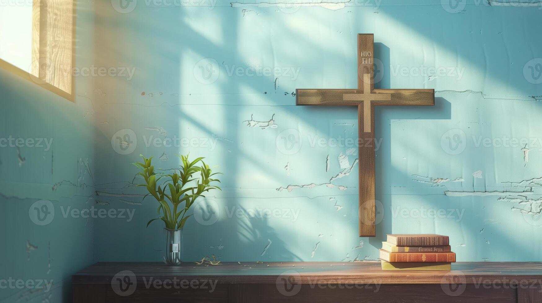 Wooden Cross on Light Blue Wall with Bible Books and Plant in Vase photo