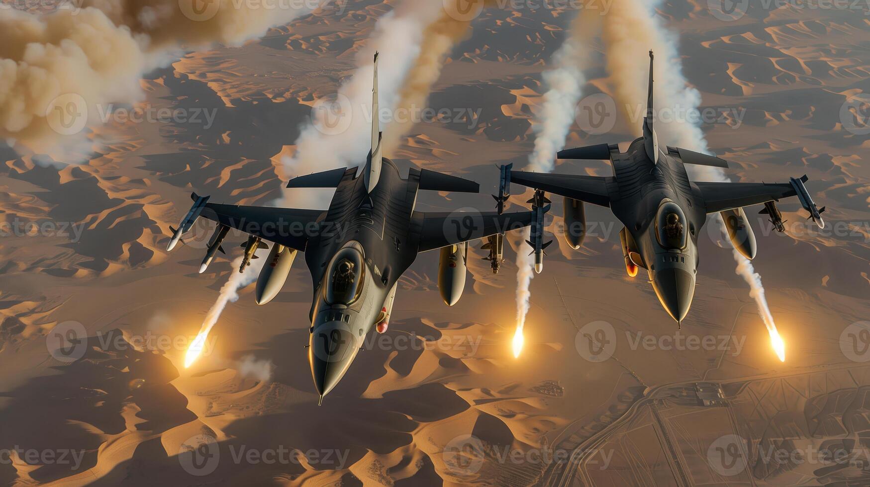 Two F-16 Fighter Jets Flying High Above the Desert, Firing Missiles photo