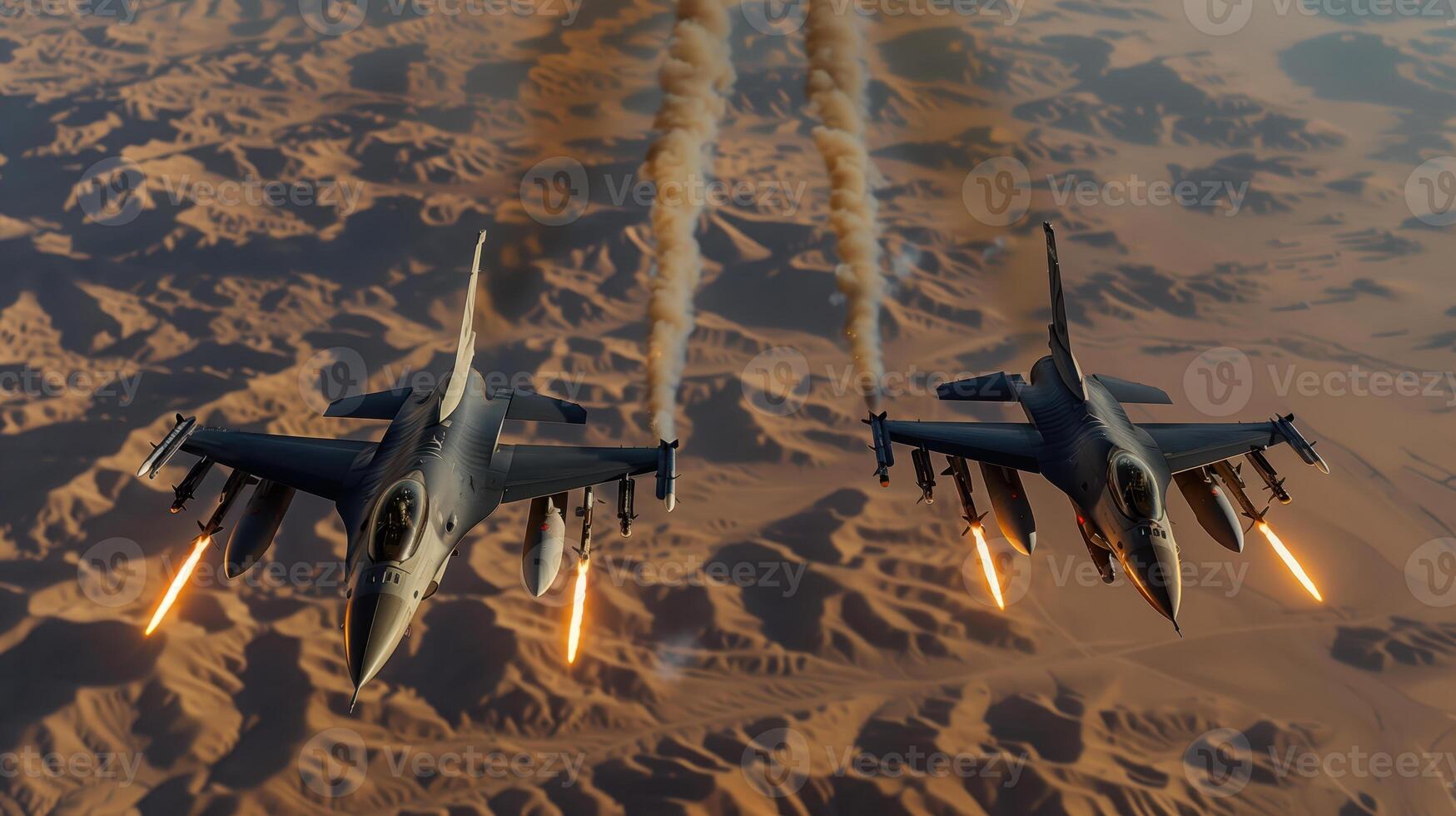 Two F-16 Fighter Jets Flying High Above the Desert in an Aerial Maneuver photo