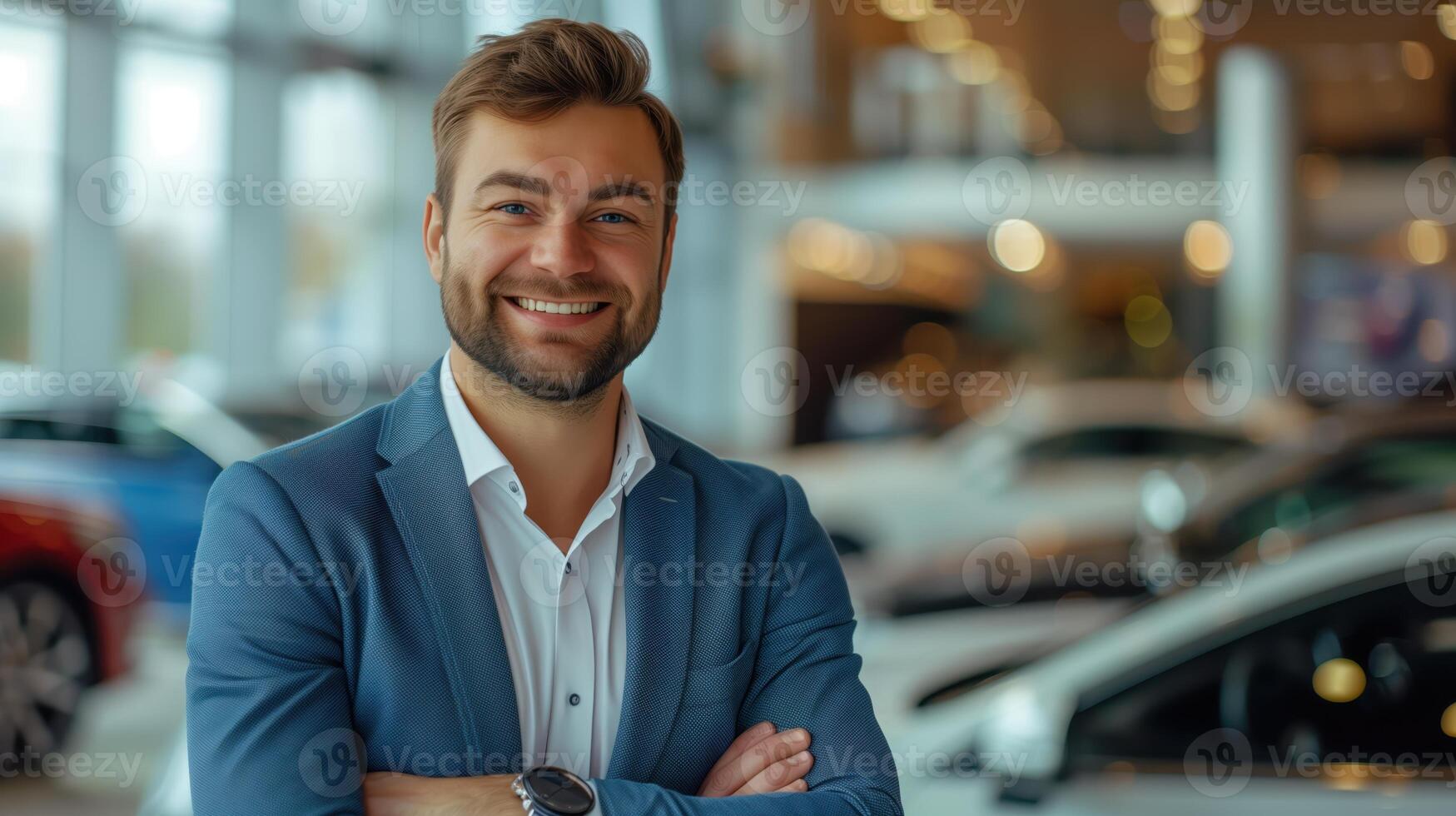 Smiling Professional Car Salesman in a Luxury Showroom with Modern Cars photo
