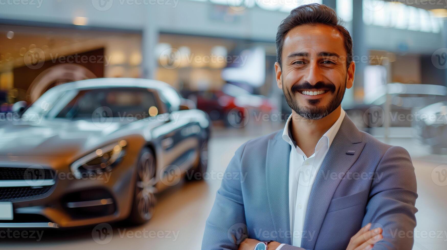 Professional Luxury Car Salesman Standing in a Modern Automotive Showroom photo