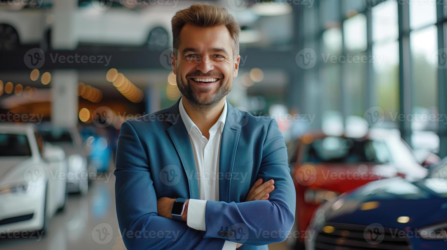Smiling Professional Car Salesman in Luxury Car Showroom photo