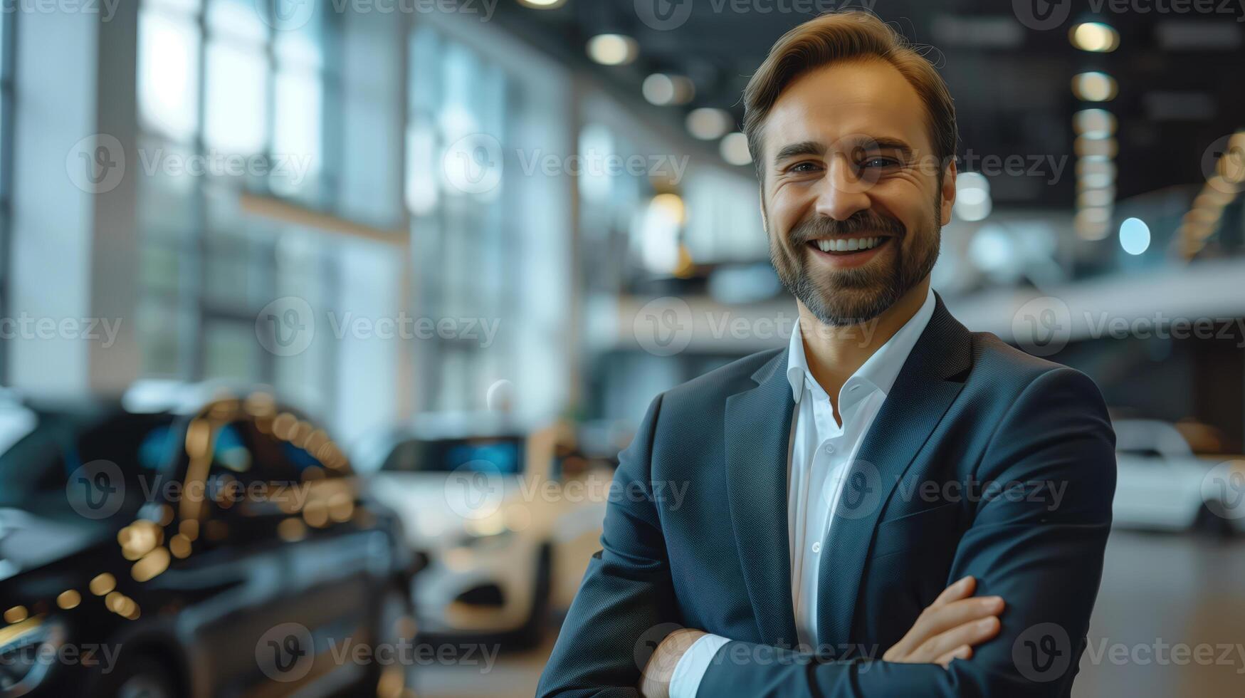 Professional Luxury Car Salesman Smiling in High-End Showroom photo