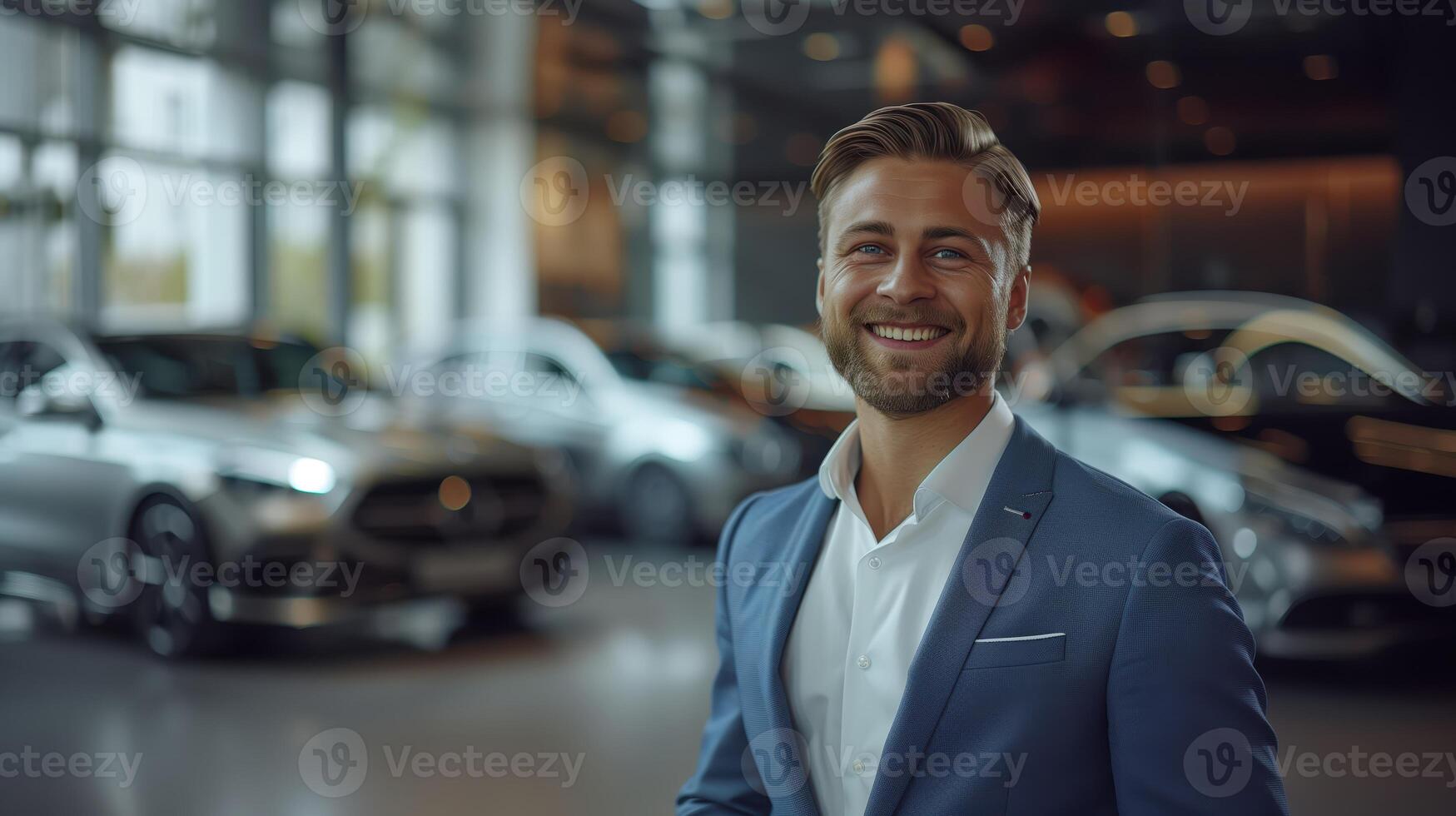 Professional Luxury Car Salesman Smiling in Luxury Showroom with High-End Vehicles photo