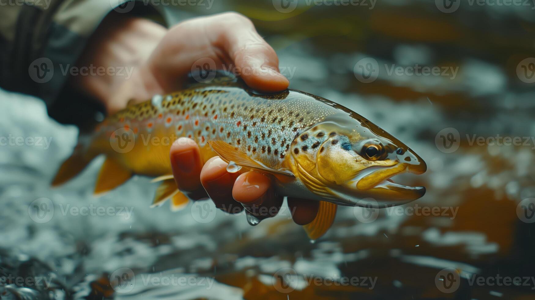 Hand Holding a Spotted Trout Caught in a Mountain River While Spinning Fishing photo