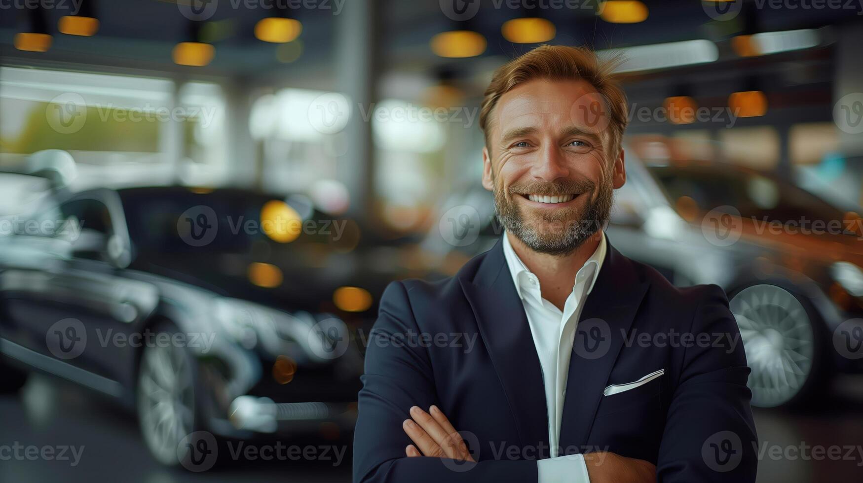 Professional Luxury Car Salesman Smiling in Luxury Showroom with Arms Crossed photo