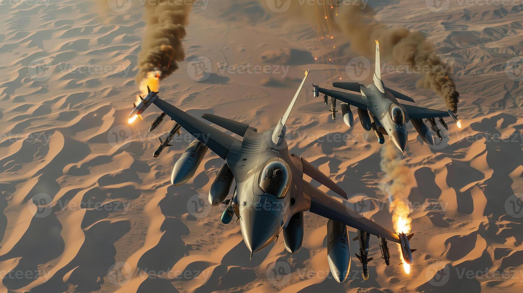 Two F-16 Fighter Jets Flying High Above the Desert in Combat Formation photo