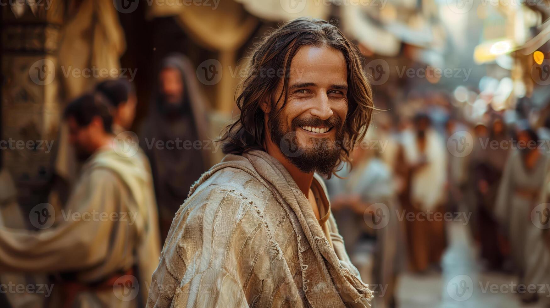 Portrait of a Happy Jesus Christ Smiling in a Historical Market Setting photo