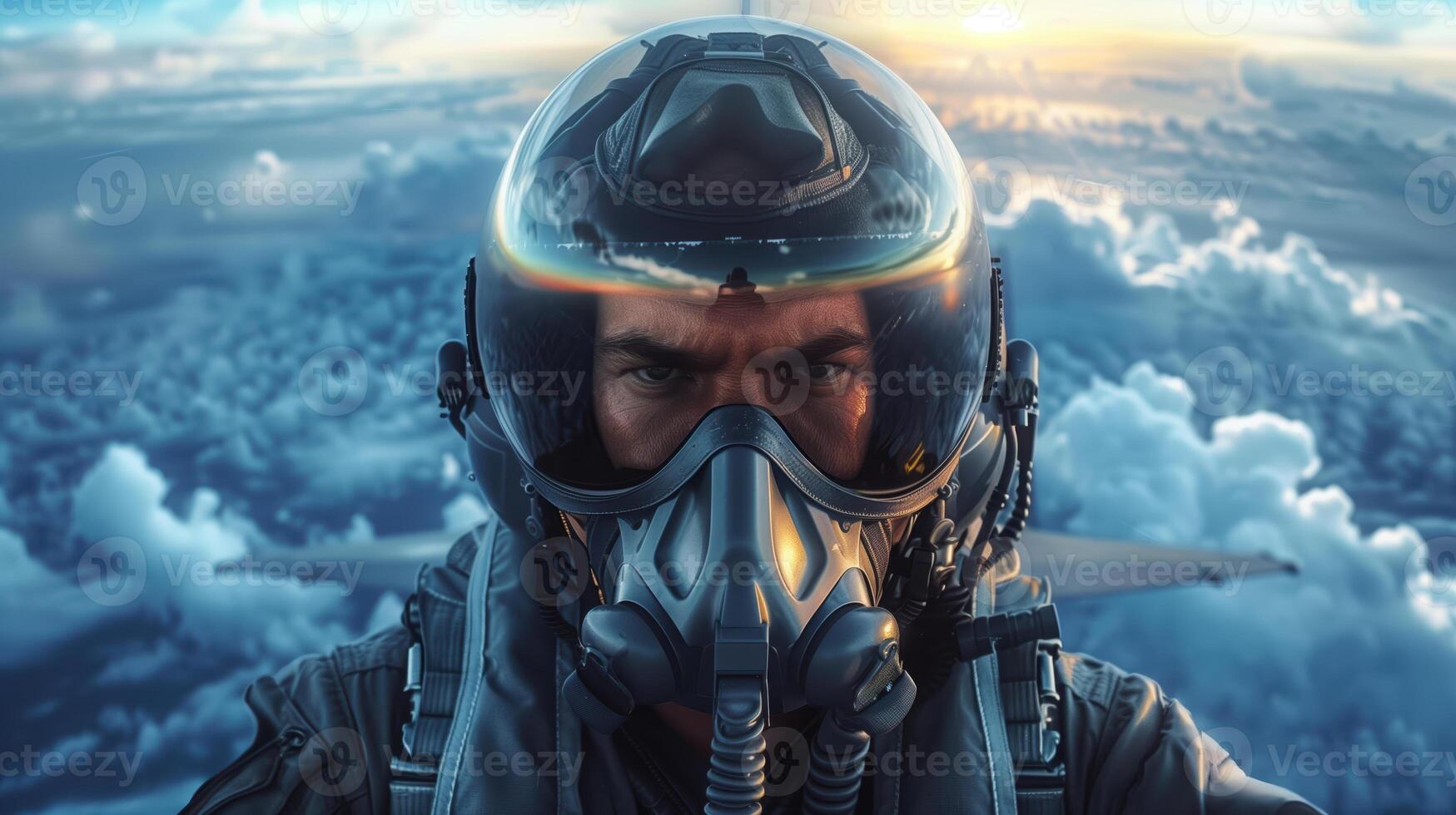 Portrait of Fighter Jet Pilot in Cockpit at High Altitude Amid Stunning Cloudscape photo