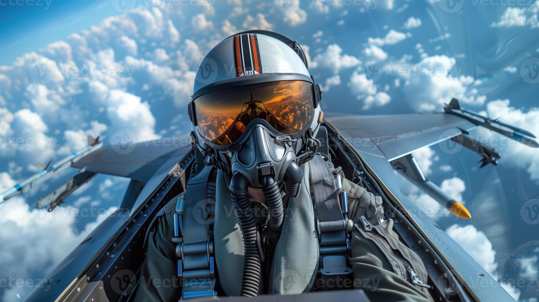 Pilot in the Cockpit of an F-16 Fighter Jet Flying Above the Clouds photo