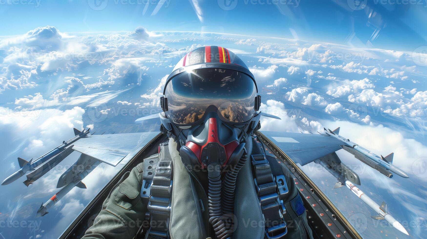 Fighter Pilot In Cockpit Of F-16 With Dramatic Sky And Clouds photo