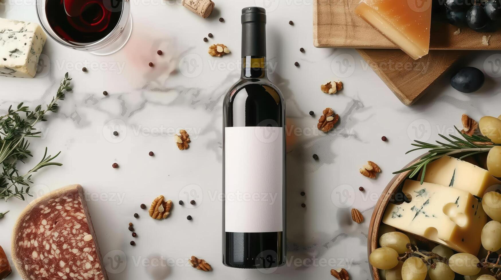 Overhead Shot of Wine Bottle with Cheese, Nuts, and Wine Glass on Marble Surface photo