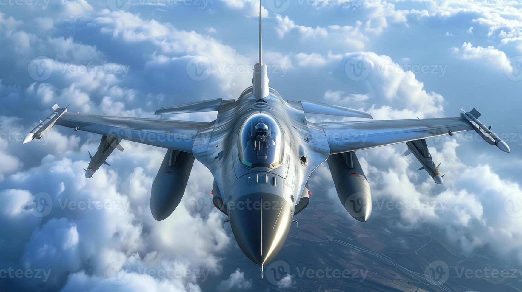 Aerial View of an F-16 Fighter Jet Flying Above the Clouds photo