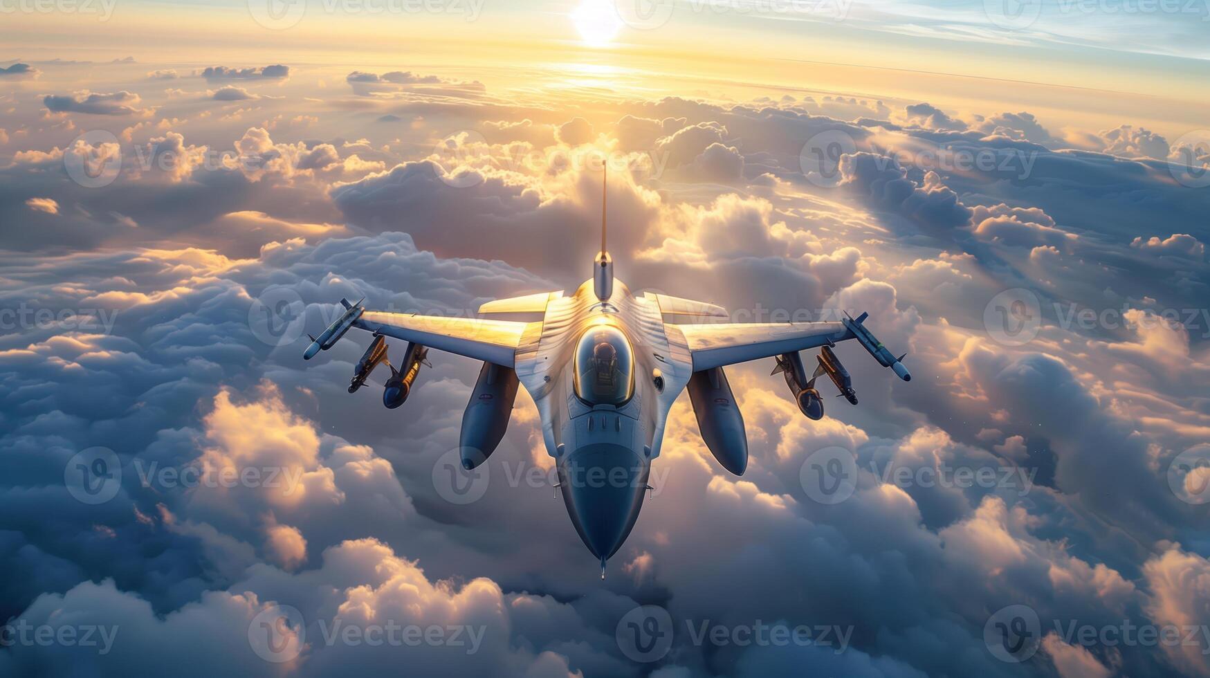 F-16 Fighter Jet Soars Above Clouds at Sunset in Stunning Aerial View photo