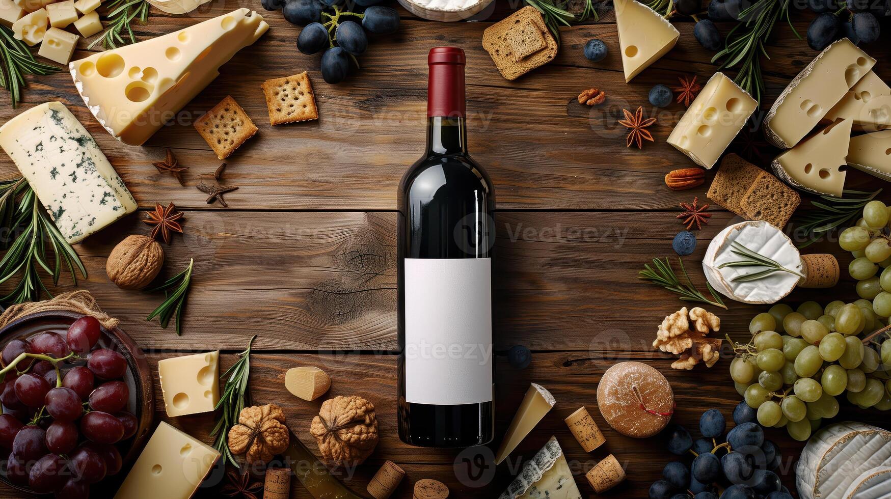 Overhead Shot of Mockup Wine Bottle with Assorted Cheeses, Grapes, and Crackers on Wooden Table photo