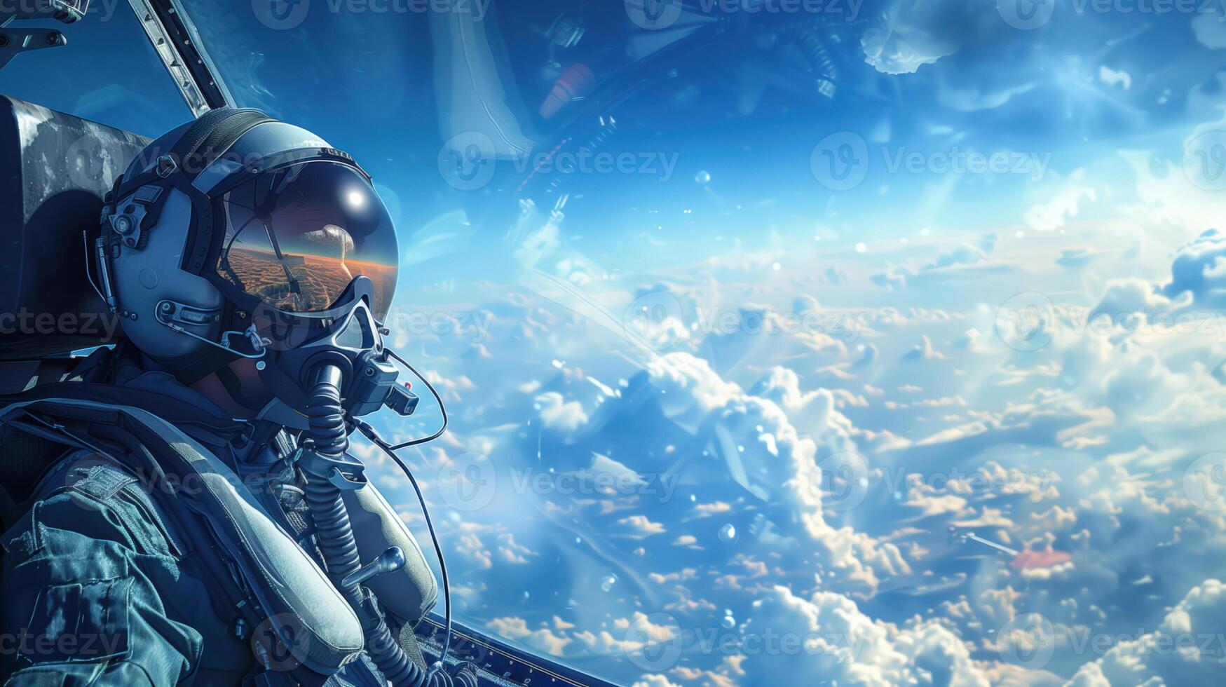 Portrait Of Fighter Pilot In Cockpit Of F-16 Aircraft Soaring Above The Clouds photo