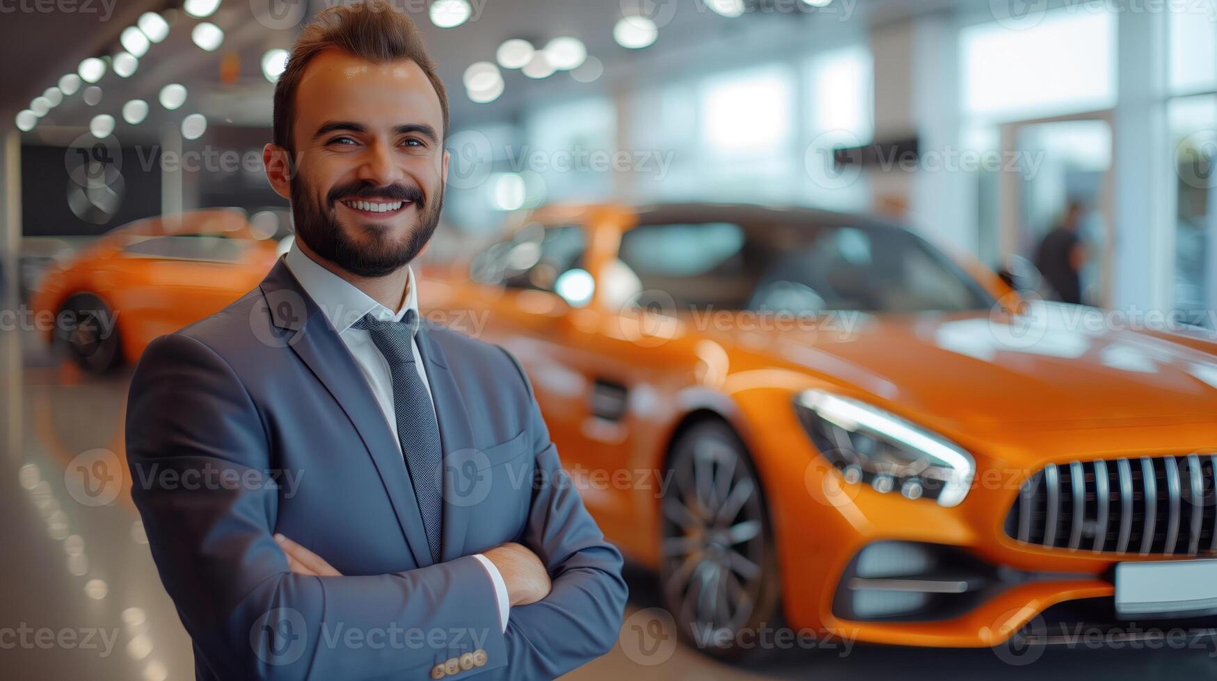 Confident Luxury Car Salesman Posing in a Showroom with Orange Sports Car photo