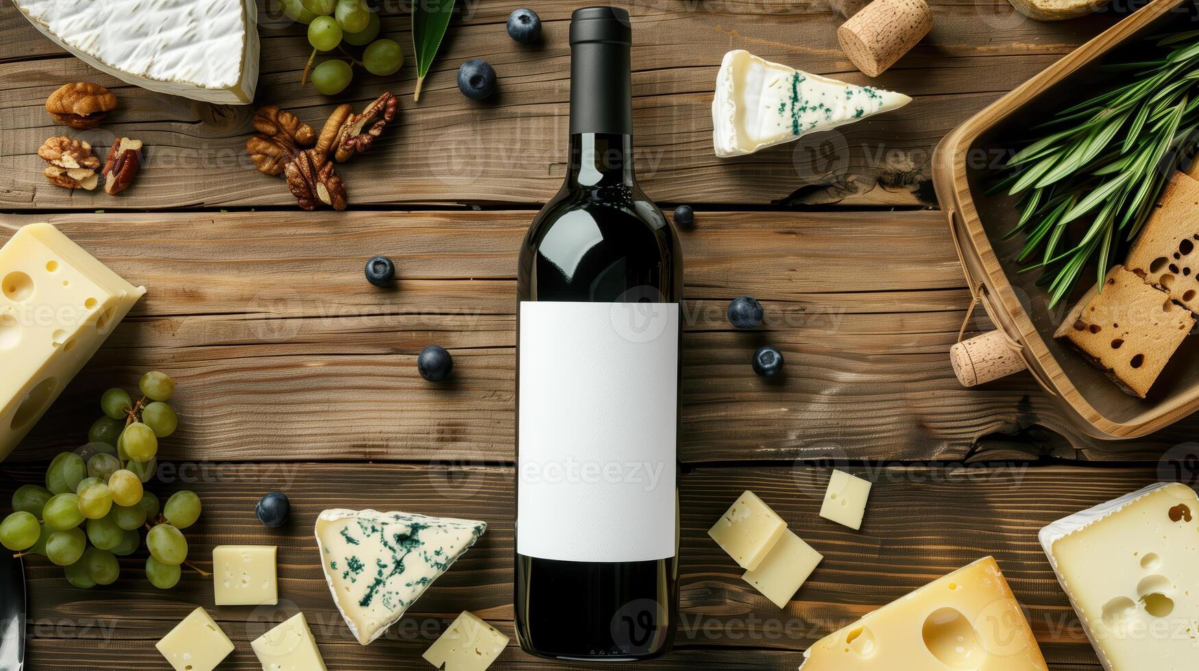 Overhead Shot of Wine Bottle with Cheese, Grapes, Nuts, and Herbs on Wooden Table photo