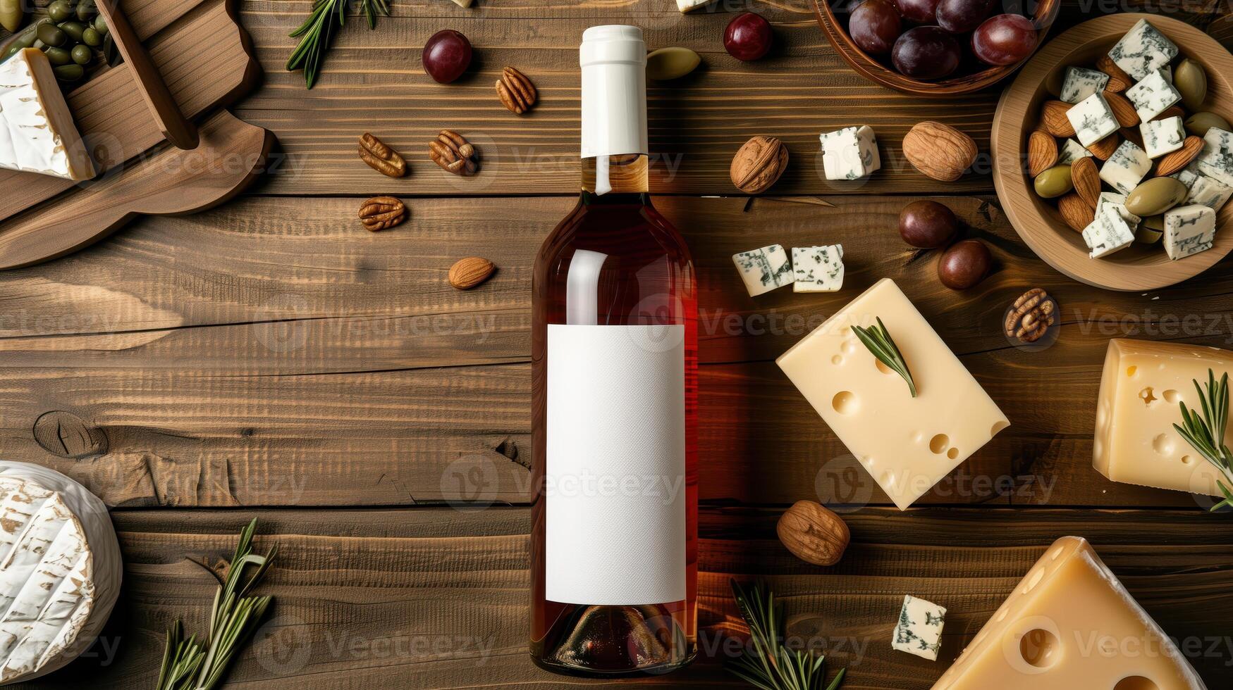 Overhead Shot of a Mockup Wine Bottle with Cheese, Nuts, and Grapes on Wood Table photo