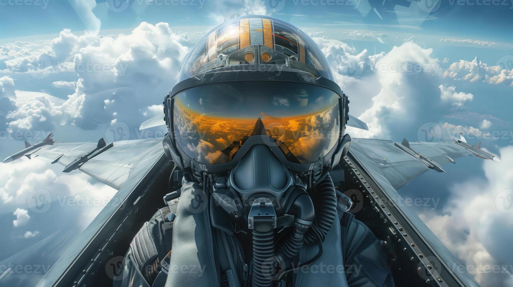Portrait of a Fighter Pilot in an F-16 Jet Flying Above the Clouds photo