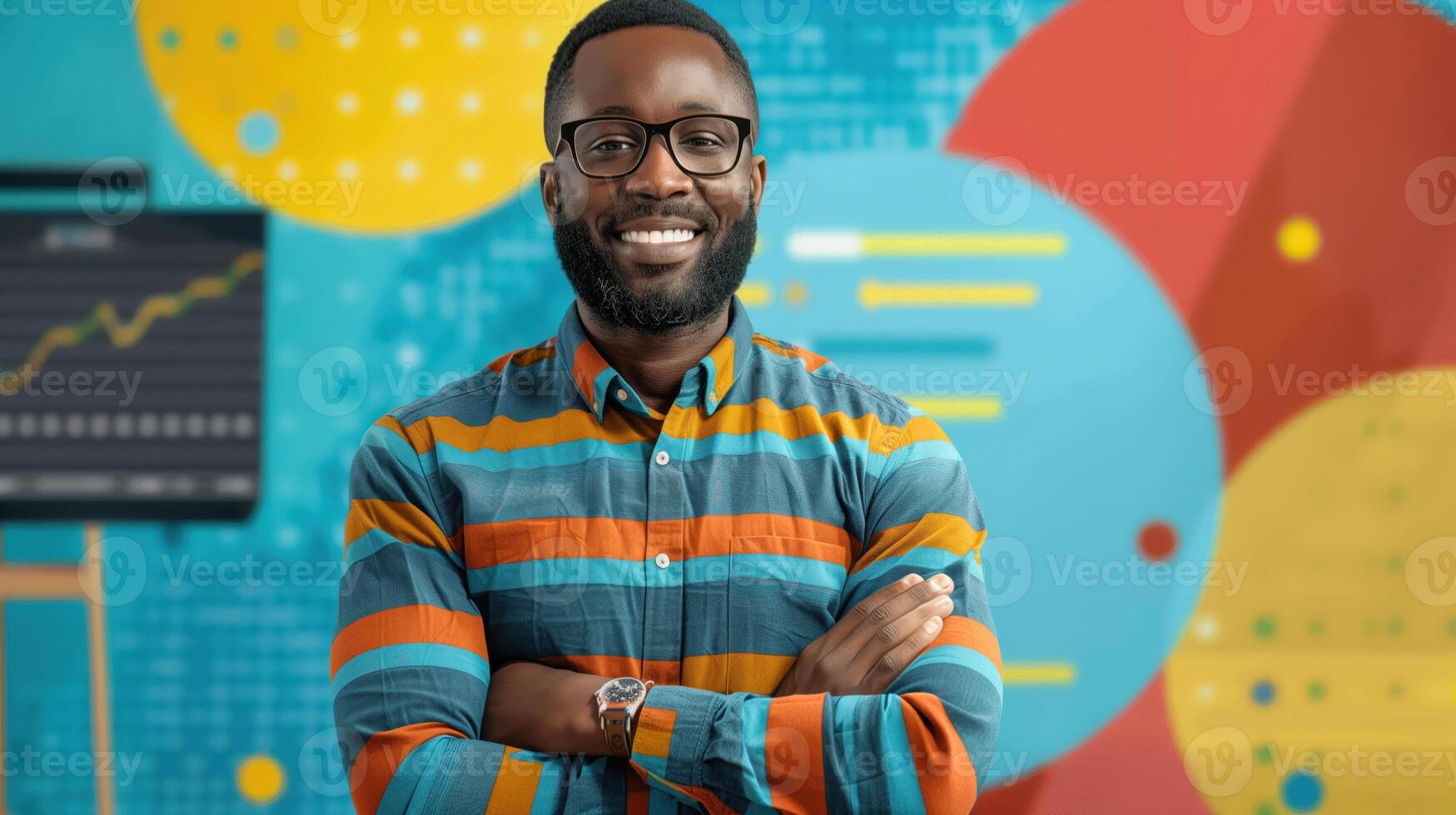 Confident African American Teacher Standing in Colorful Classroom with Charts and Graphs on Display photo
