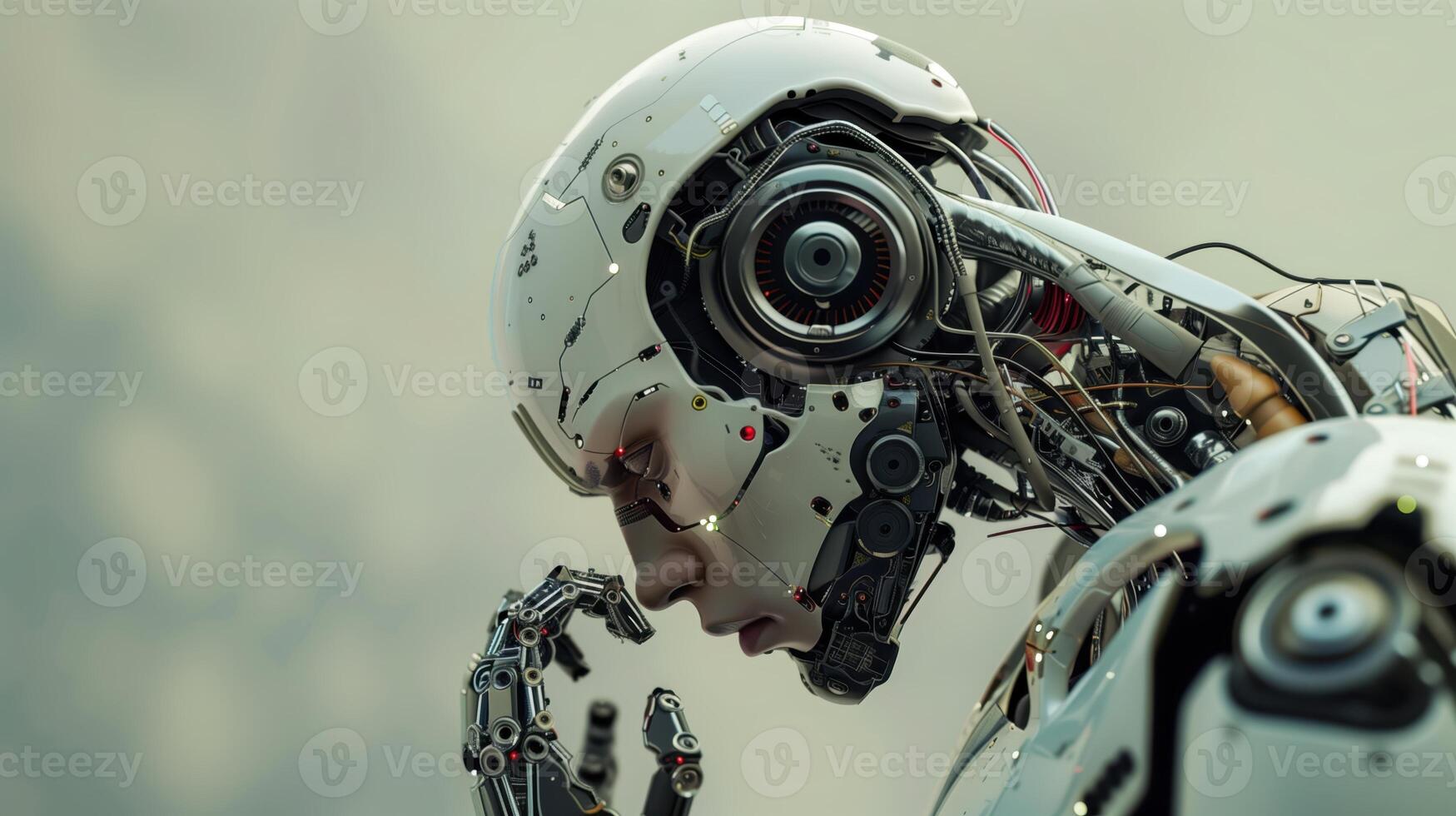 Futuristic Robot Analyzing Artificial Intelligence Risks and the Potential Dangers of Advanced Technology in a Thoughtful Pose photo