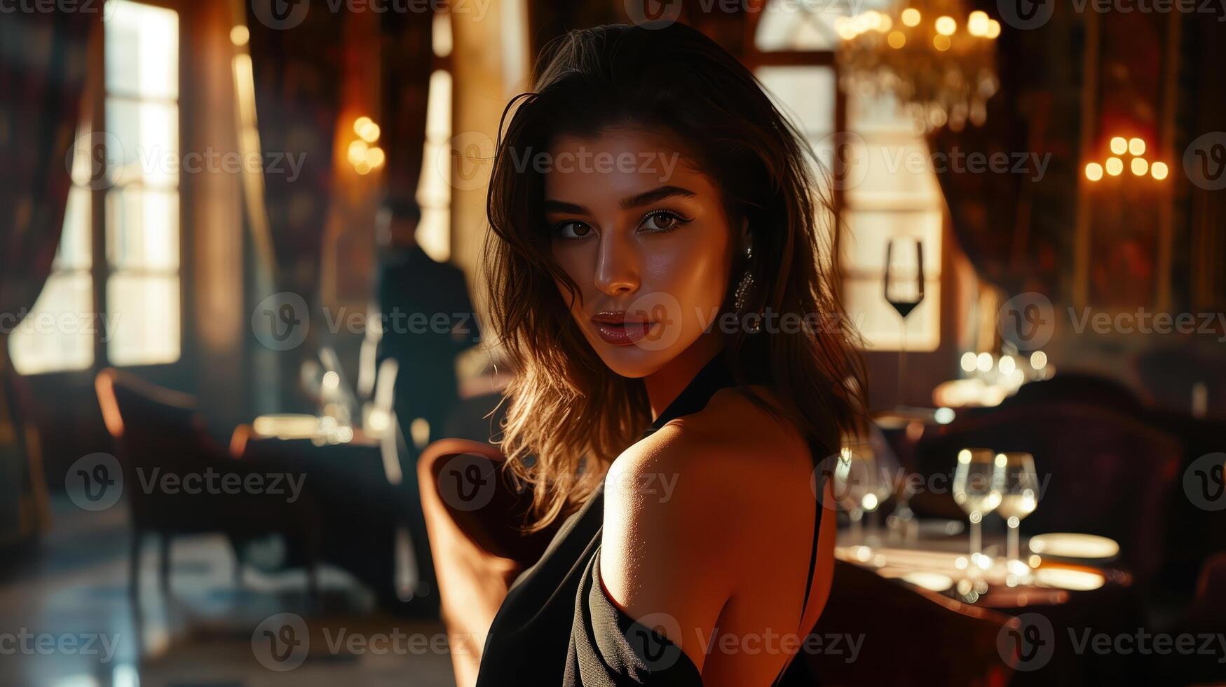 Elegant Brunette Woman in Evening Attire Posing in Luxurious Restaurant Setting with Candlelight and Sophisticated Ambiance photo