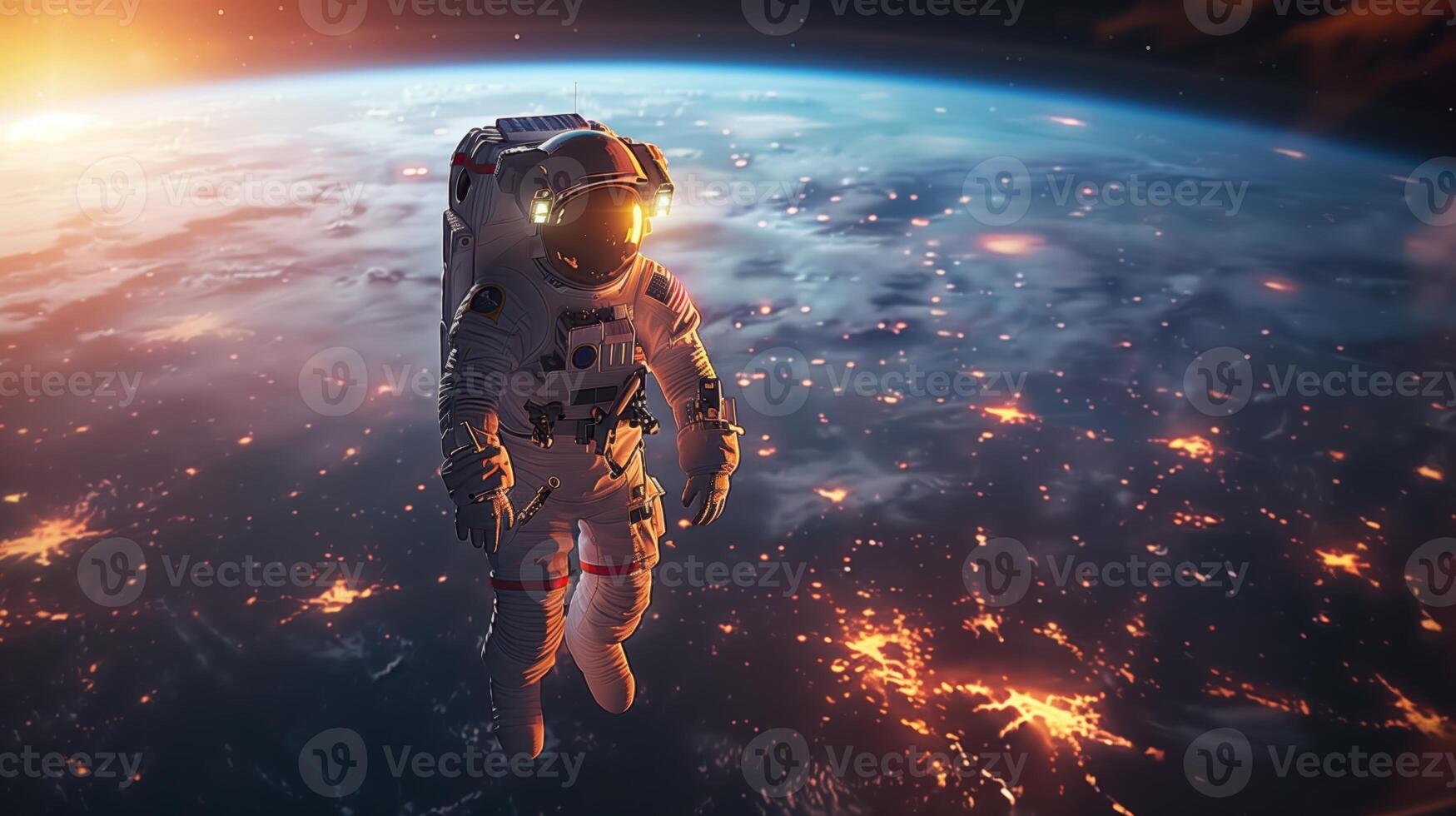 Astronaut Floating in Earth's Orbit at Sunrise with Stunning View of Planet's Surface Below photo