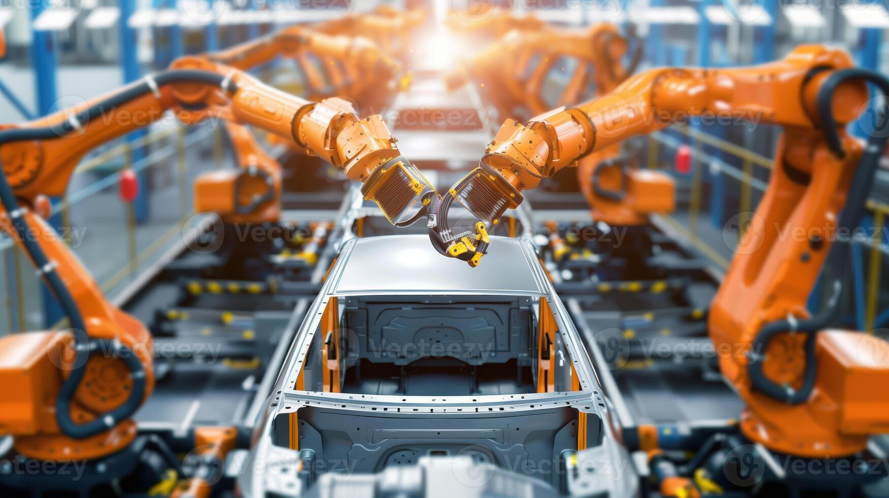 Automated Robot Arms Operate in a Car Factory, Showcasing Industrial Precision and Advanced Technology in Modern Automotive Production Lines photo