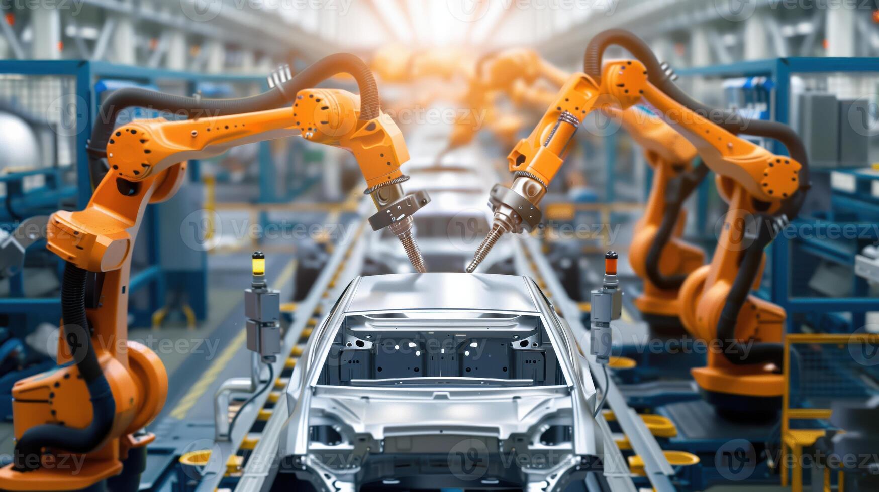 Automated Robot Arms Working in a Cutting-Edge Car Manufacturing Factory with Advanced Technology photo
