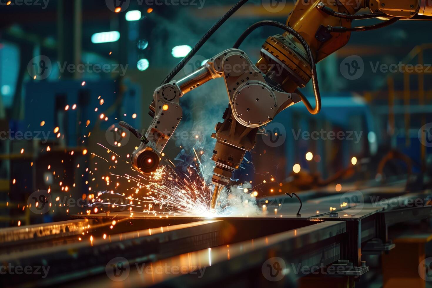 Automated High-Tech Industrial Robotic Arm Performing Precision Welding in a Modern Factory Setting photo
