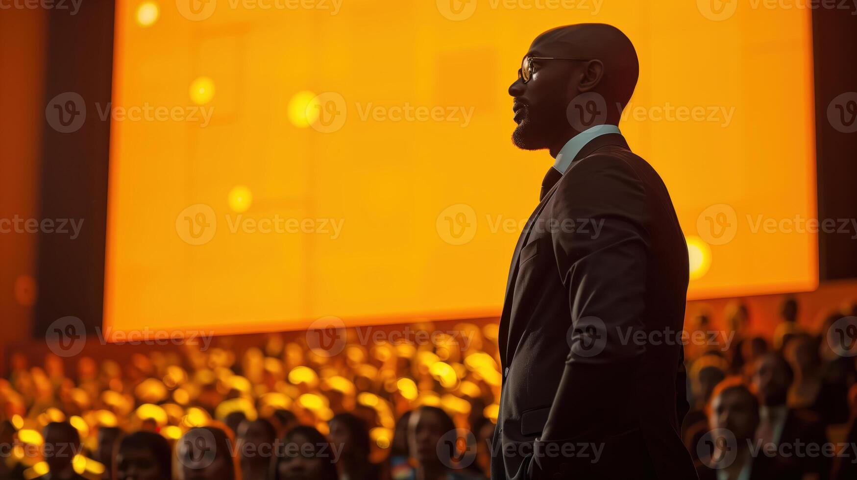 Inspirational Speaker Engaging Crowd at Conference with Dynamic Presentation in Front of Orange Backdrop photo