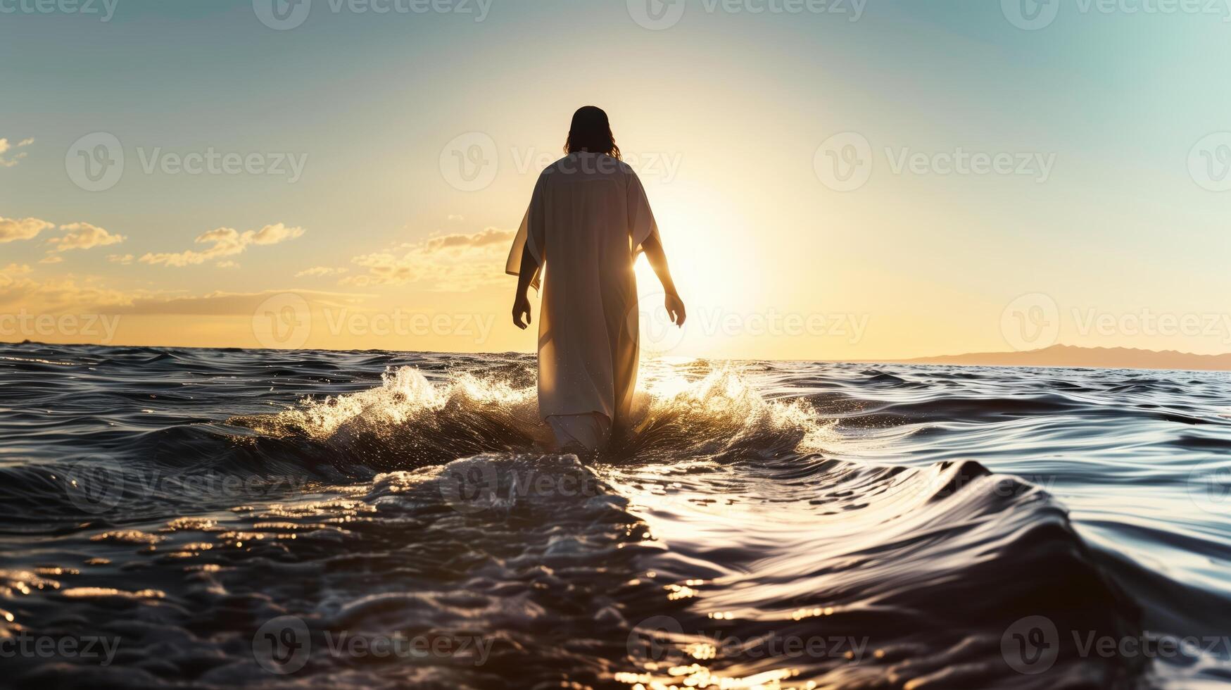 Symbolic Image of Jesus Walking on Water at Sunrise, Representing Faith and Miracles in a Spiritual and Serene Setting With Rippling Waves and Light photo