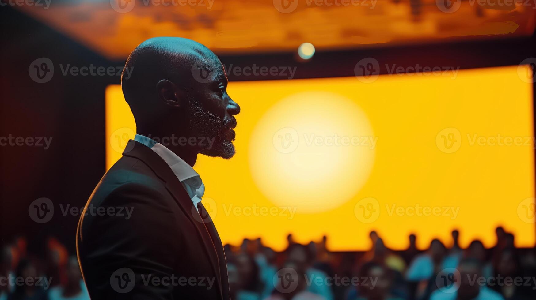 Inspirational Speaker Delivering Powerful Presentation to Engaged Audience in Auditorium with Bright Yellow Background photo