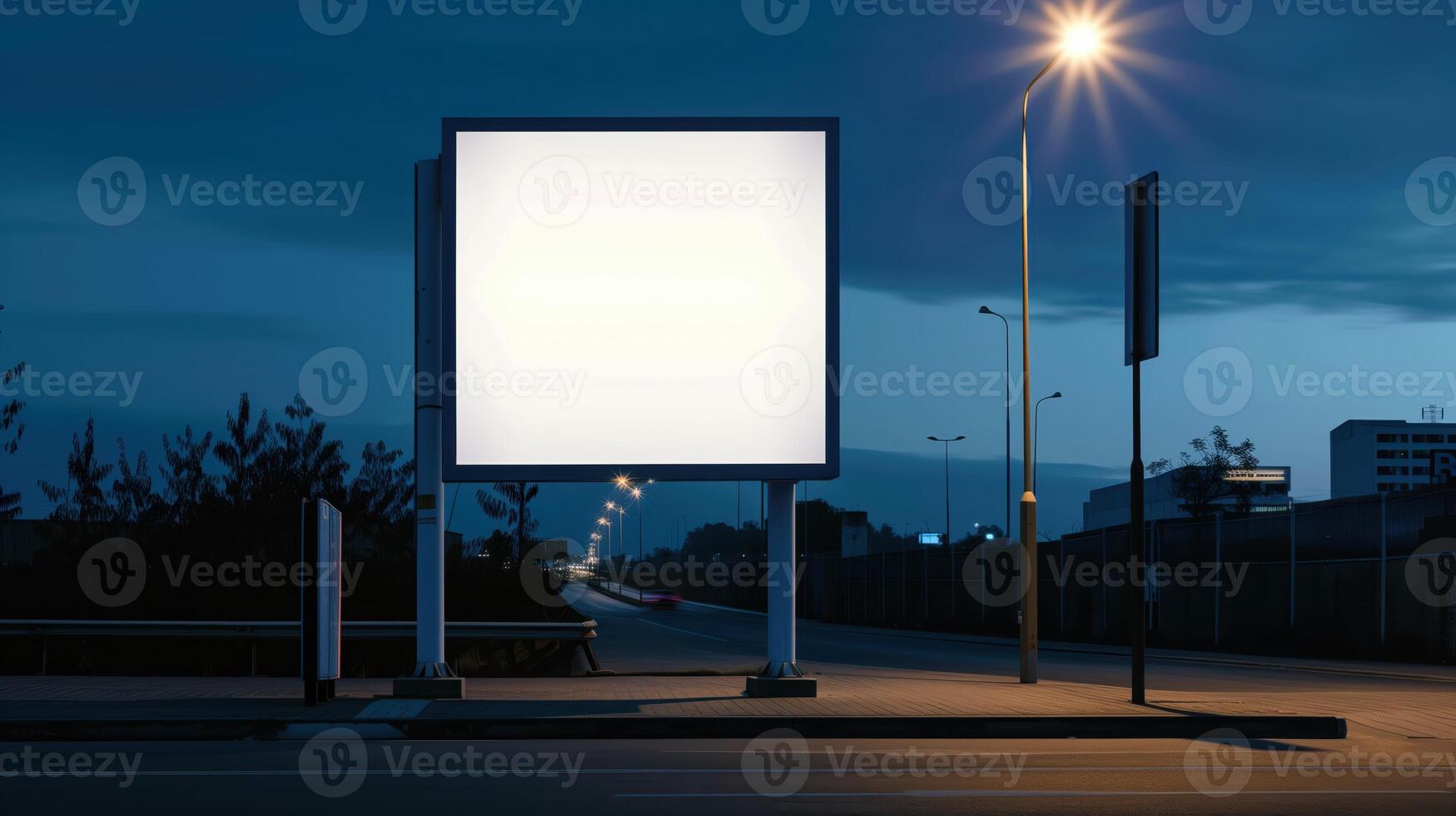 Blank Advertising Board Mockup on a Quiet City Street at Dusk with a White Background and Streetlights photo
