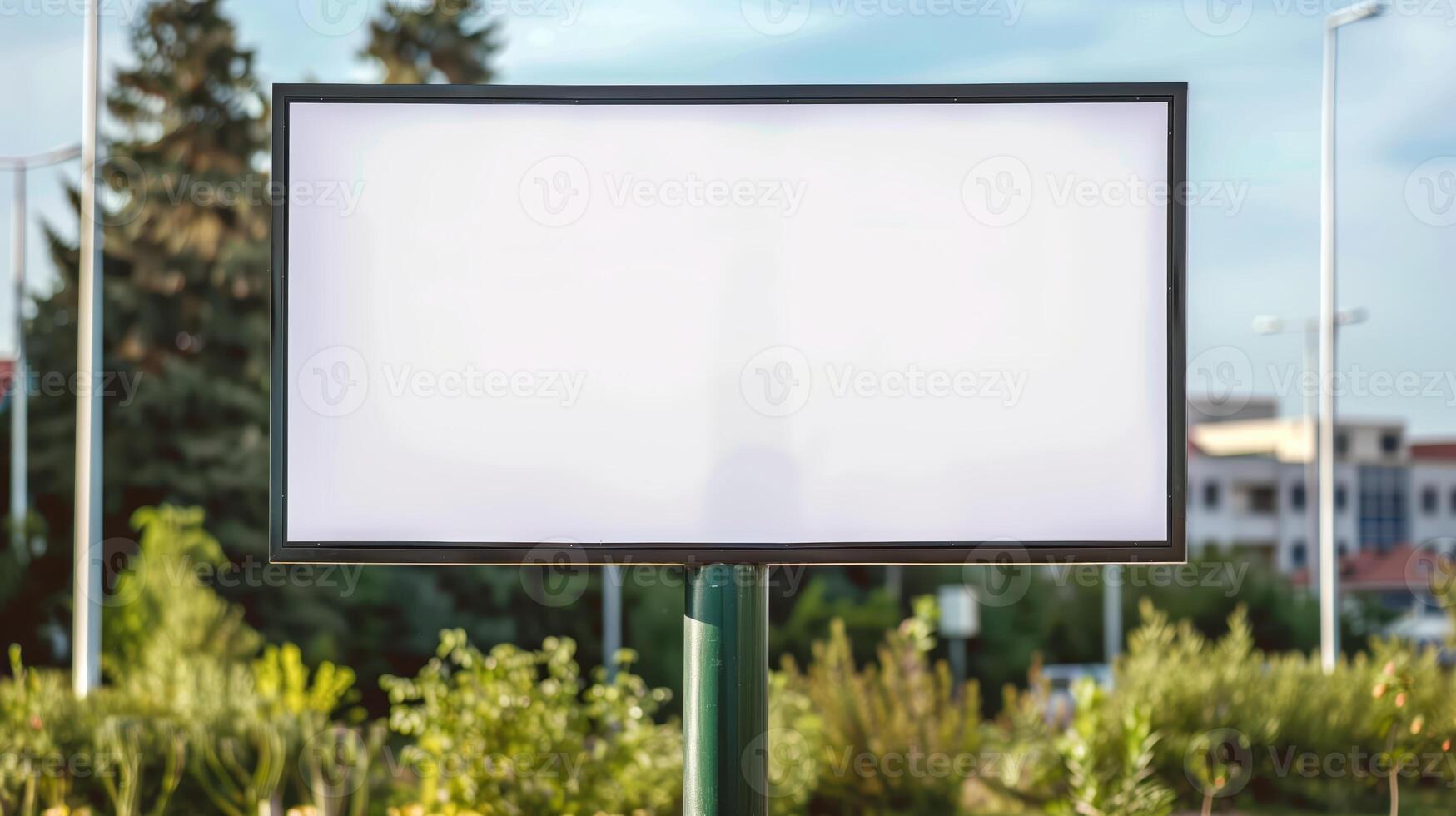 Blank Advertising Billboard Mockup on White Background in Outdoor Setting with Trees and Buildings photo
