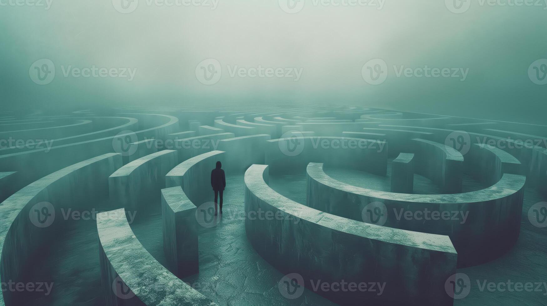 Mystical Maze Exploration A Person Standing at the Entrance to an Enormous Labyrinth with Foggy Atmosphere photo