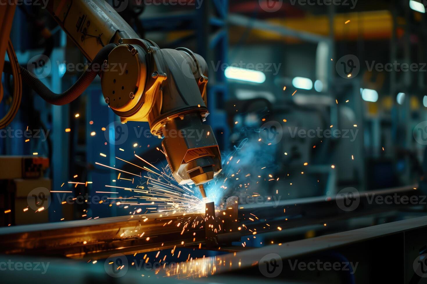 High-Tech Industrial Robotic Arm Performing Automated Welding in a Modern Factory Setting with Bright Sparks and Precision Engineering photo