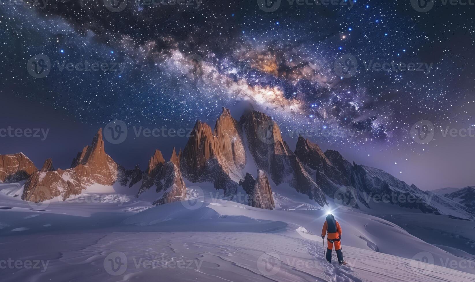 Stunning Night Sky Photo of the Milky Way Over Snow-Covered Mountains and Adventurer Under Starry Skies