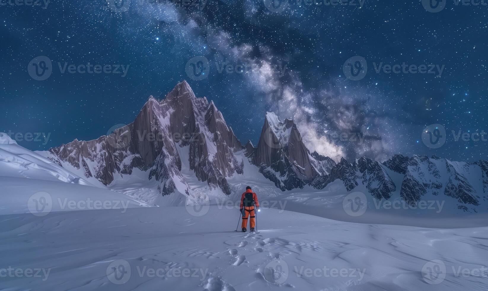 Breathtaking Night Sky Over Milky Way With Adventurer Hiking Snow-Covered Mountains photo