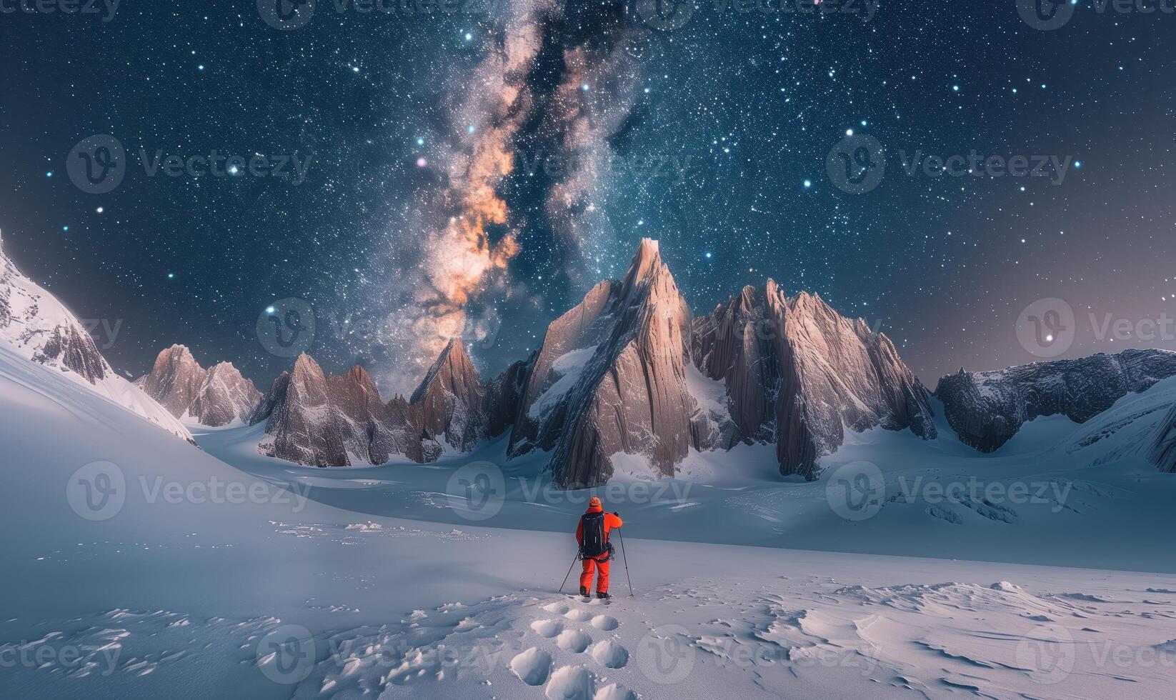 Starry Night Sky With Milky Way Over Snow-Covered Mountains and Adventurer in Red Suit Exploring photo