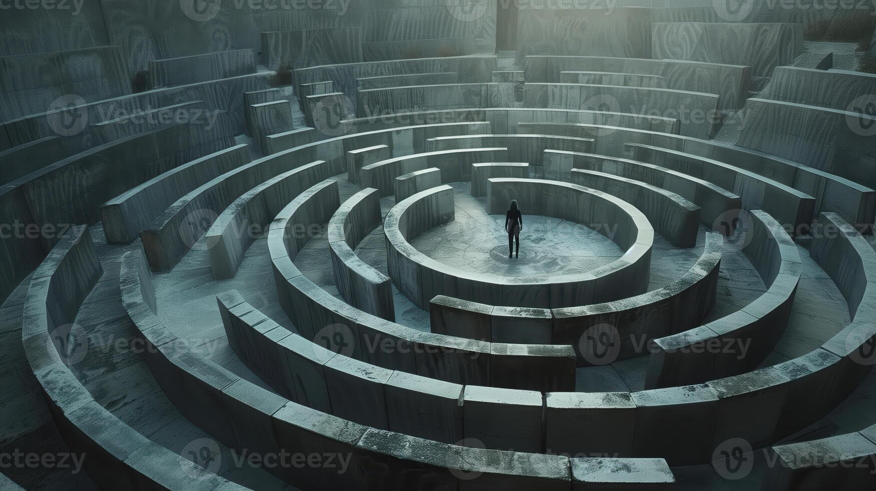Person Standing at Entrance of Enormous Stone Maze Highlighting Mystery and Solitude in an Intricate Architectural Setting photo