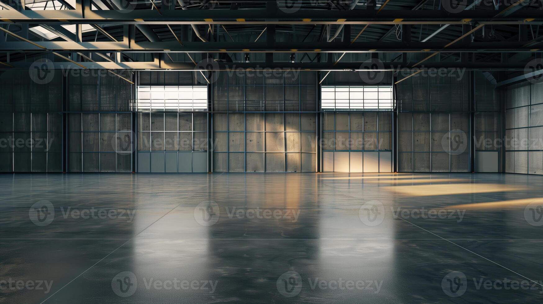 Spacious Industrial Building Interior with Polished Concrete Floor and Large Windows Streaming Sunlight photo
