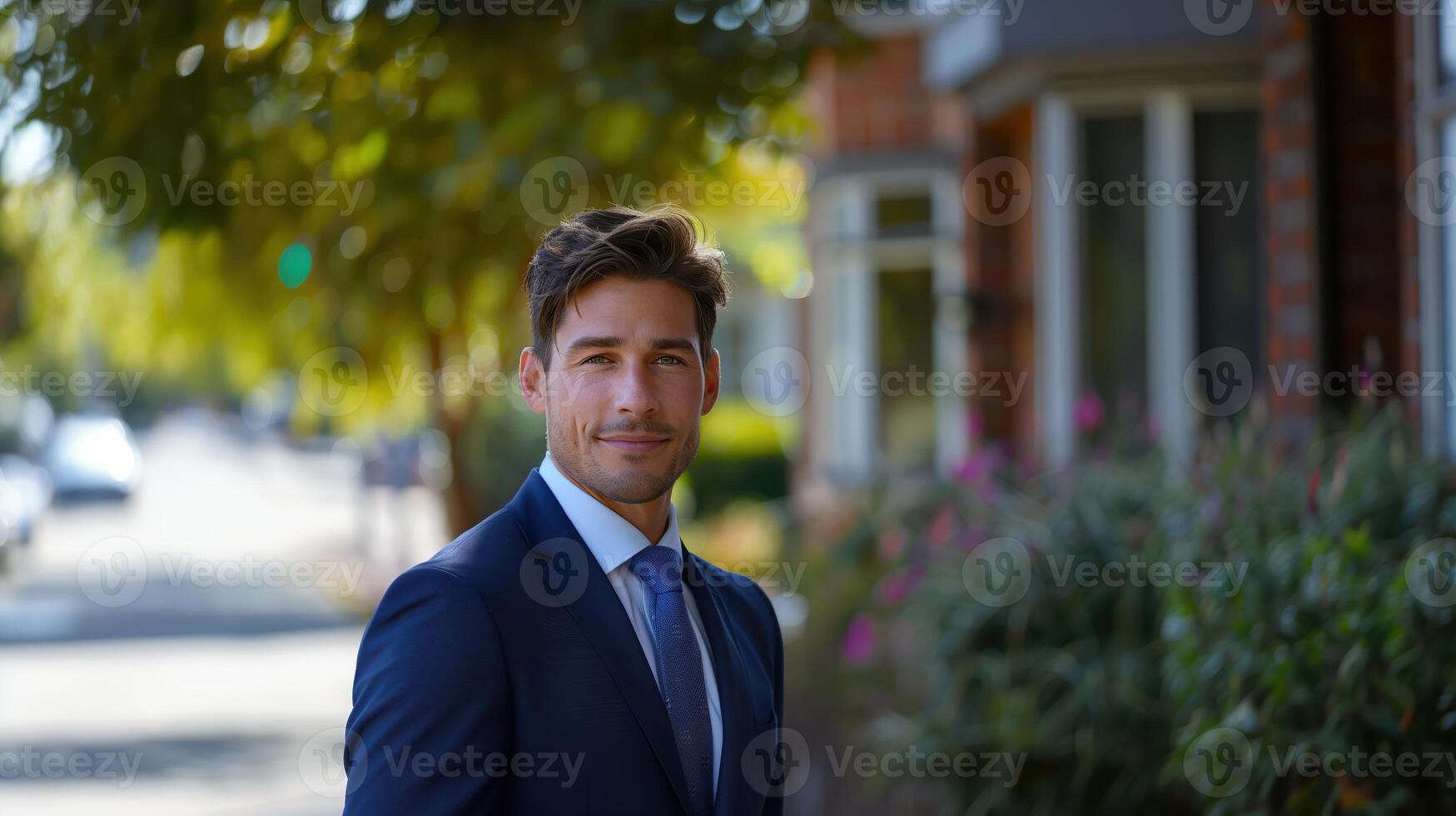 Confident Young Professional in Blue Suit Standing Outdoors on Sunny Day in Urban Residential Setting photo