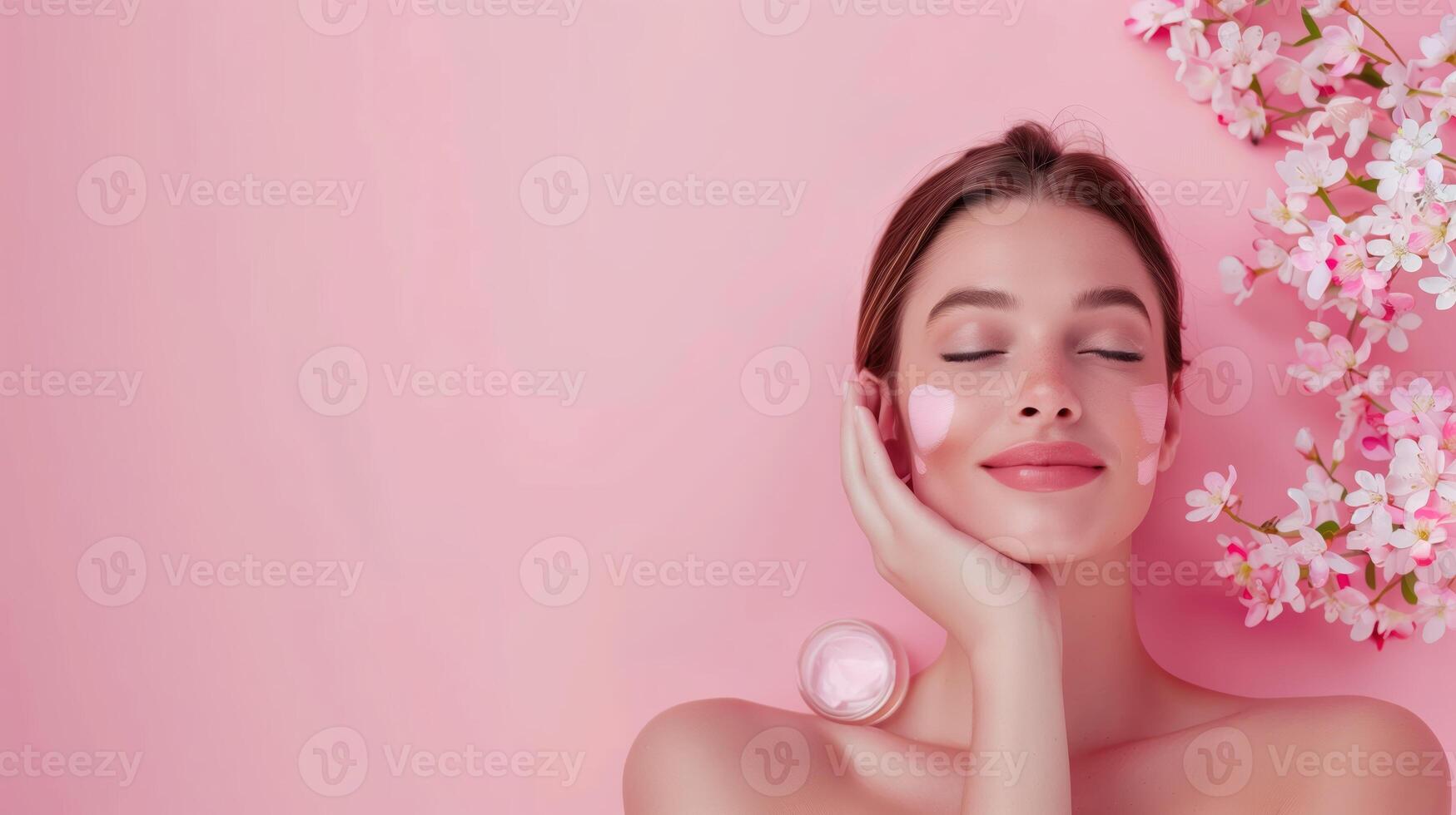 Beautiful Woman Enjoying Skincare Routine with Cream and Blossoms on Pink Background photo
