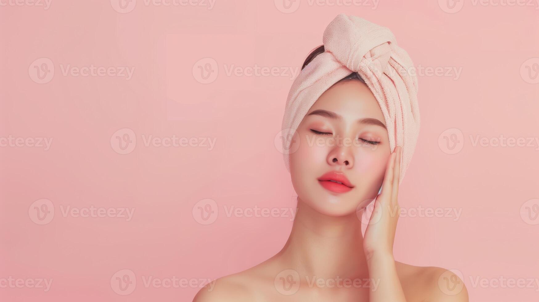Serene Asian Woman with Towel on Head Embracing Skincare Routine on Soft Pink Background photo