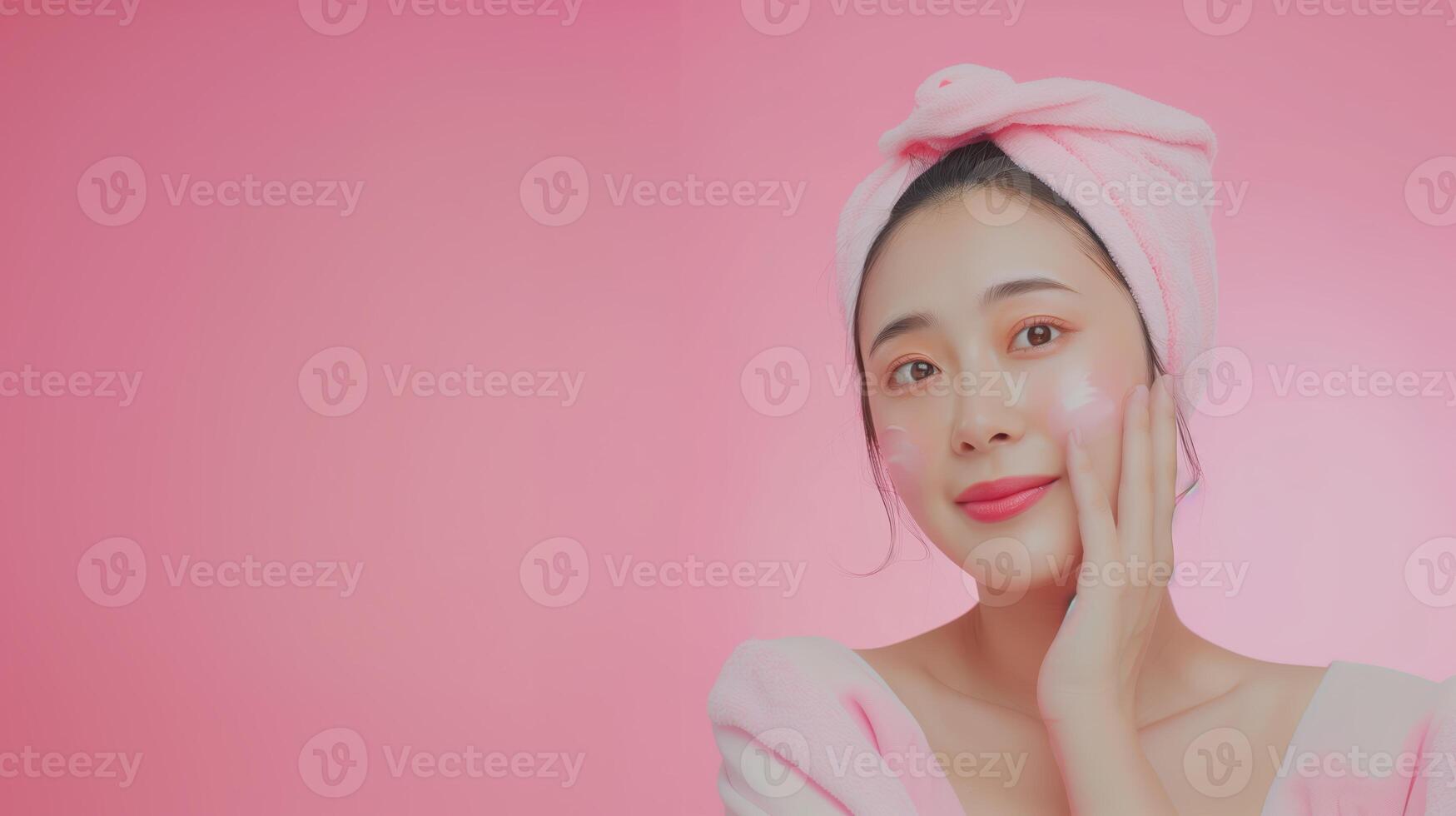 Young Woman Enjoying Skincare Routine with Soft Pink Towel on Hair, Radiant Complexion, and Gentle Smile photo