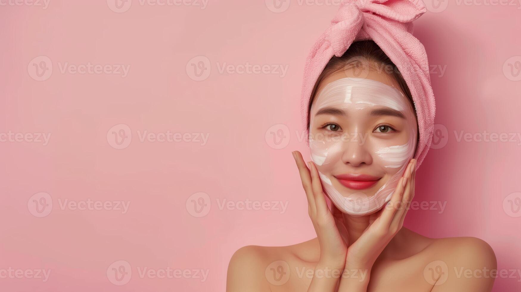 Beauty Care Routine with Smiling Woman Applying Cream on Her Face in Relaxing Spa Setting photo