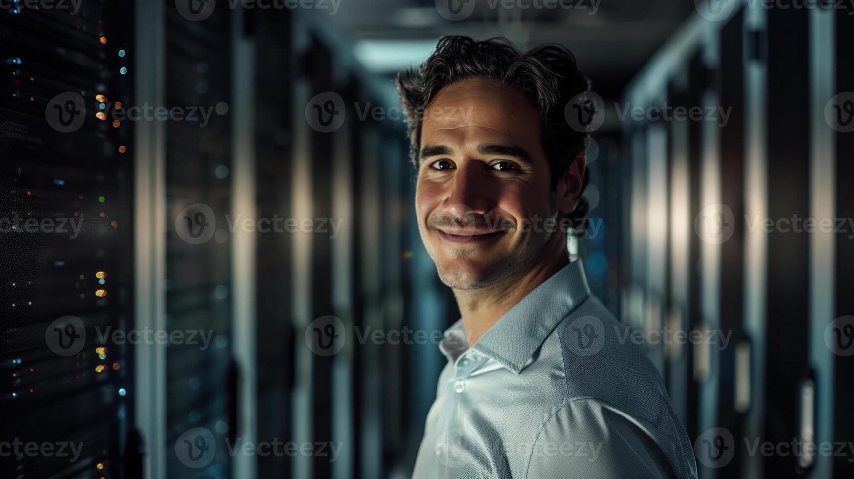 Confident Man in Modern Data Center Environment Smiling in Cinematic Lighting Portrait photo