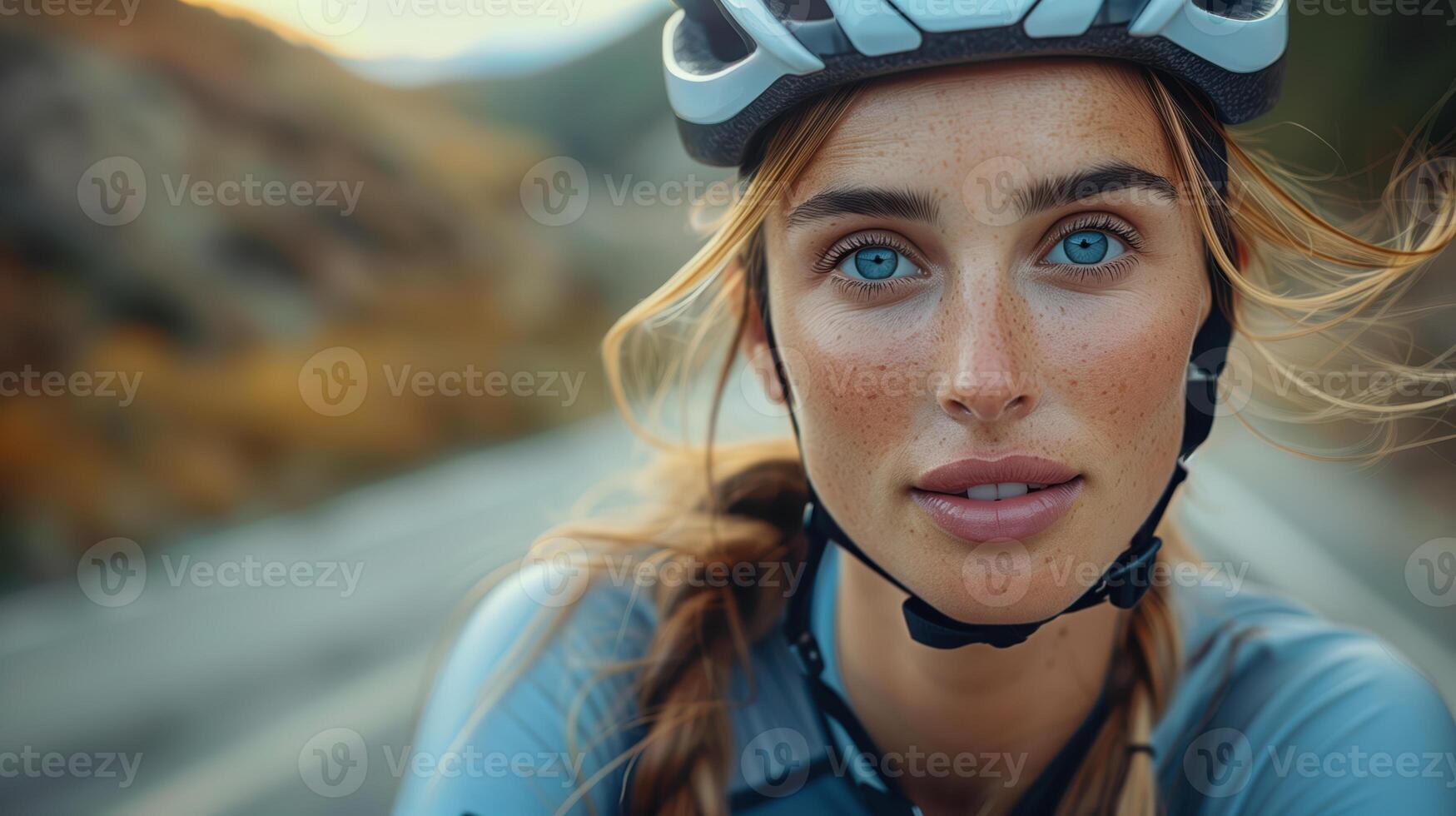 Close-Up Portrait of a Female Cyclist with Blue Eyes on a Scenic Road, Embracing Adventure and Freedom in Nature photo